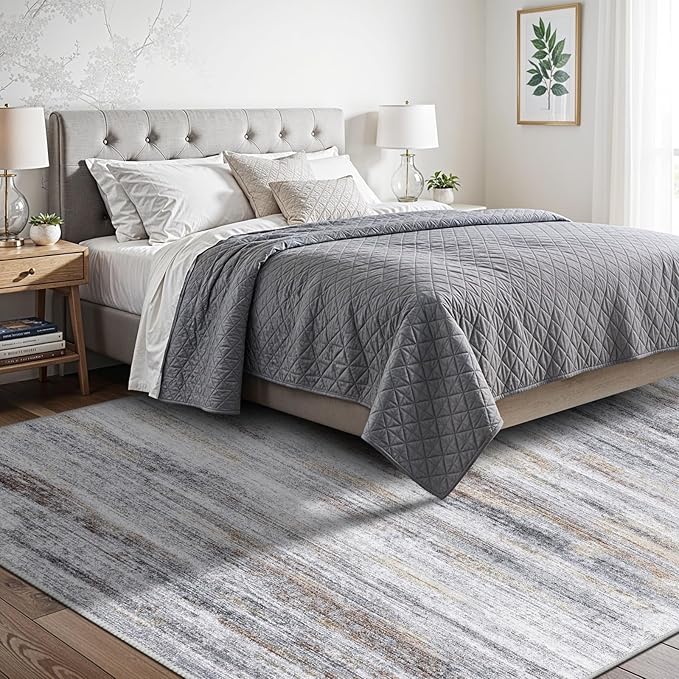 6x9 Area Rug for Living Room: Non-Slip Washable Rugs for Dining Room Bedroom Study Home Office - Easy-to-Clean Stain and Water Resistant Carpet - Soft Low-Pile Mat Beige Grey