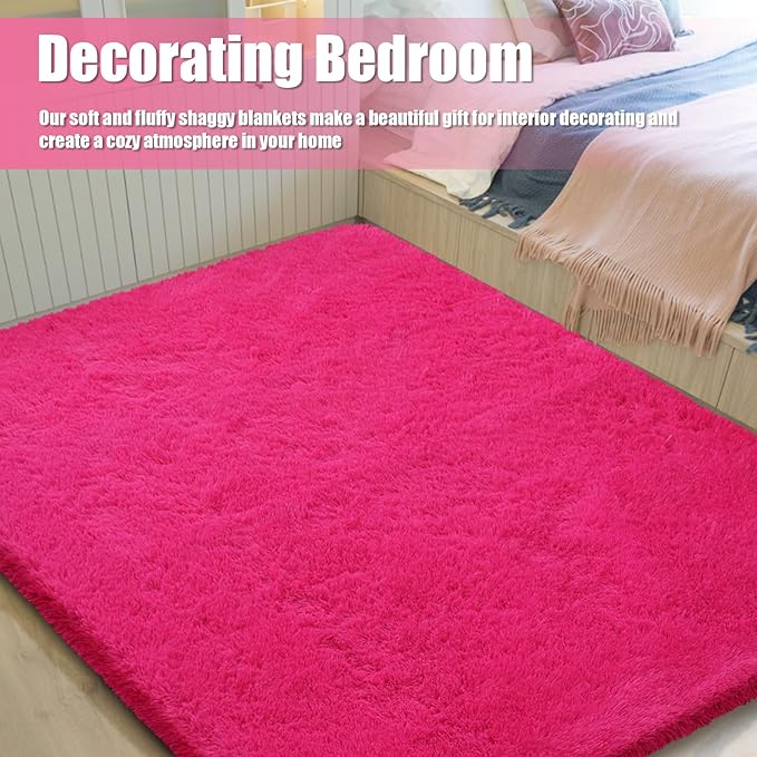 Shag Area Rug for Bedroom 3x5,Fluffy Area Rugs for Living Room,Soft Fuzzy Rug Non-Shedding Indoor Plush Carpet for Kids Bedroom Nursery Dorm Home Decor,Hot Pink