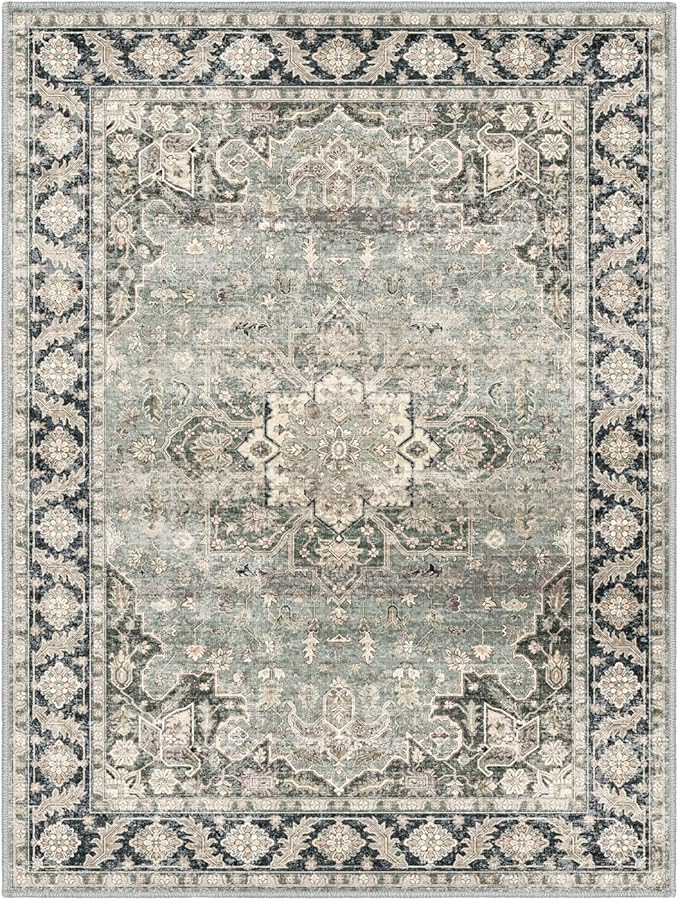 9x12 Area Rugs - 9x12 Washable Area Rug Indoor Vintage Rug Print Rug Low-Pile Floor Carpet for Living Room, Bedroom (Olive Charcoal)