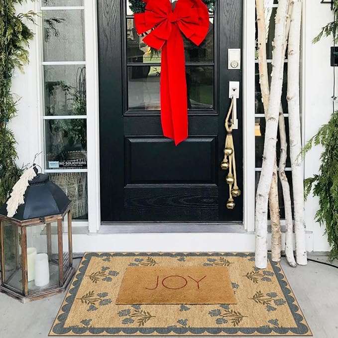 Front Door Mat Outside Entrance - 2x3 Floral Non-Slip Washable Doormat Indoor Outdoor Mat Jute-Look Farmhouse Blue Scalloped Entry Rug Small Throw Rugs for Entryway Kitchen Front Porch Decor