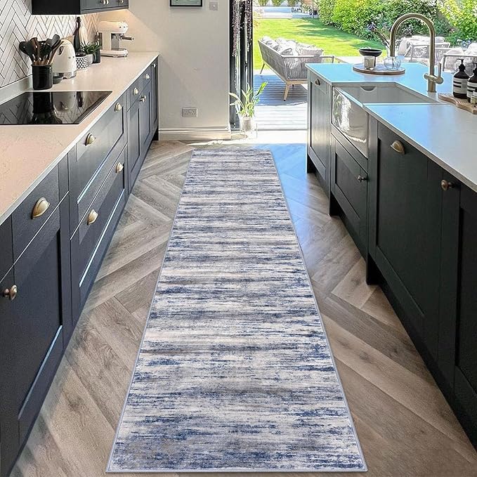 KOZYFLY Modern Abstract Kitchen Runner Rug, 2x10 Washable Rug Runner Non-Slip Soft Striped Hallway Runner Rugs, Grey Blue Print Carpet Runner for Entryway Bathroom Laundry Room Foyer