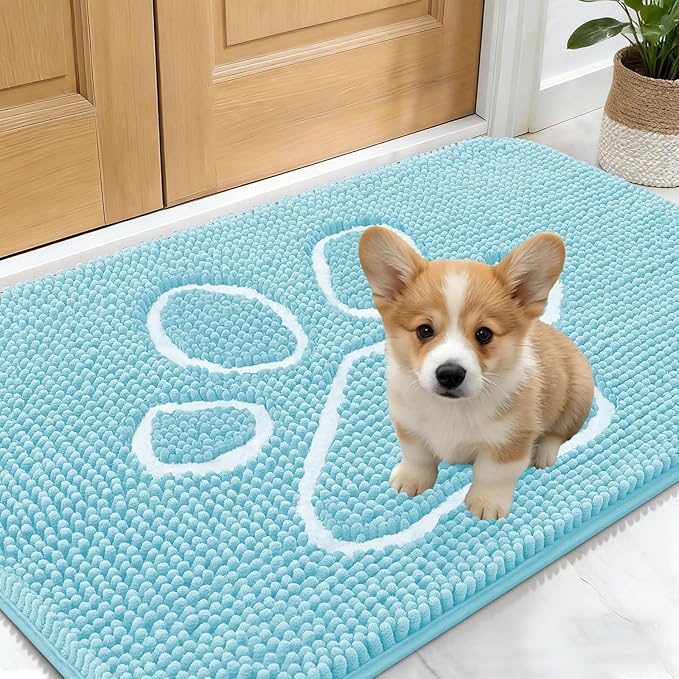 OLANLY Dog Door Mat for Muddy Paws 24x16, Paw Print Design, Absorbs Moisture and Dirt, Absorbent Non-Slip Washable Doormat, Quick Dry Chenille Mud Mat for Dogs, Entry Indoor Entryway Carpet, Blue