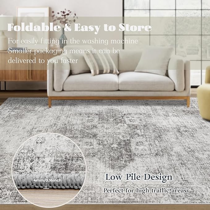 Area Rug 8x10 Washable Rug, Vintage Boho Medallion Rugs Non-Slip Soft Low Pile Large Distressed Rug Indoor Retro Carpet for Living Room Bedroom Dining Room Home Office (Grey, 8'x10')