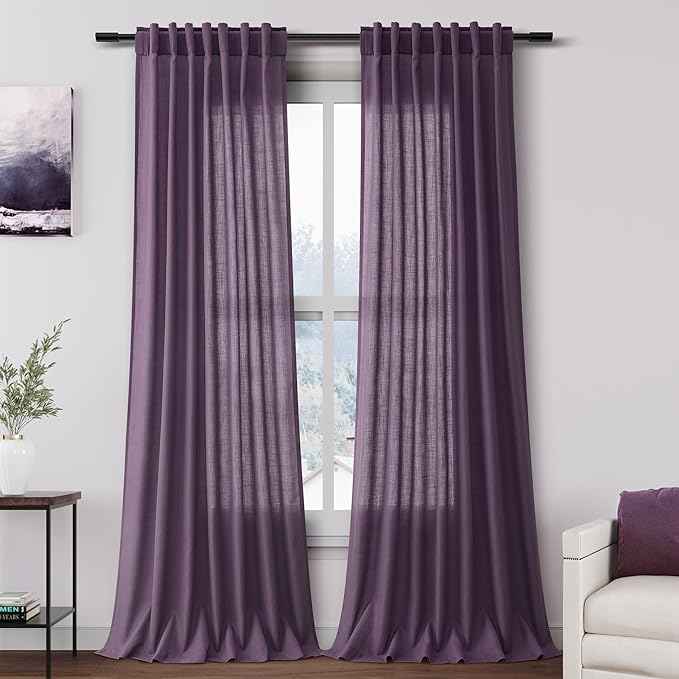 Nanspring Plum Linen Curtains 90 Inch Long 2 Panels Set for Bedroom Living Room Plum Linen Textured Window Drapes Semi Sheer Light Filtering Rod Pocket Back Tab Farmhouse Curtain 52x90