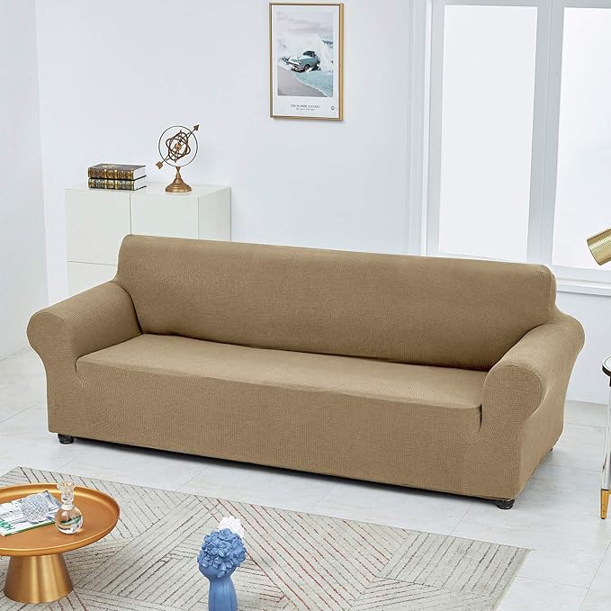 Joccun Stretch Couch Cover Slipcovers, 1-Piece Sofa Covers for 3 Cushion Couch Spandex Jacquard Washable Furniture Protector Cover for Living Room,Kids,Pets(Sofa,Tan)