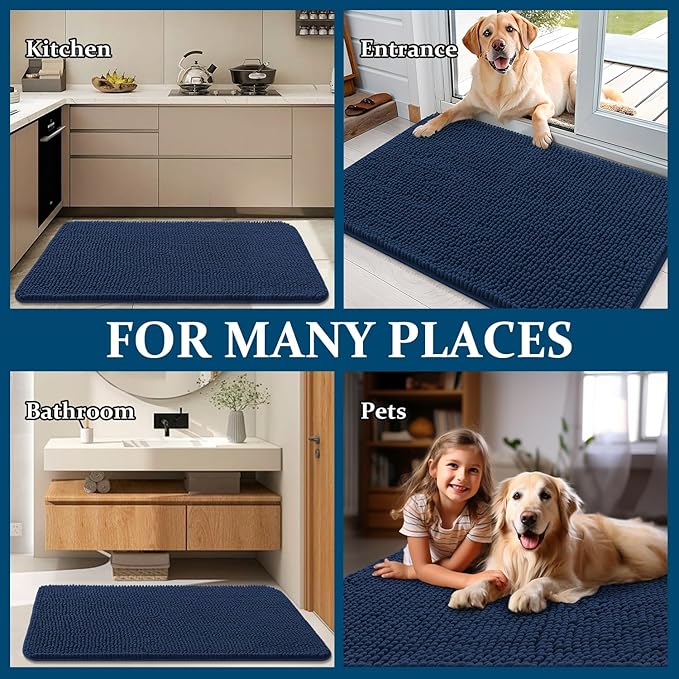 OLANLY Dog Door Mat for Muddy Paws 70x24, Absorbs Moisture and Dirt, Absorbent Non-Slip Washable Doormat, Quick Dry Chenille Mud Mat for Dogs, Entry Indoor Entryway Carpet for Inside Floor, Dark Blue