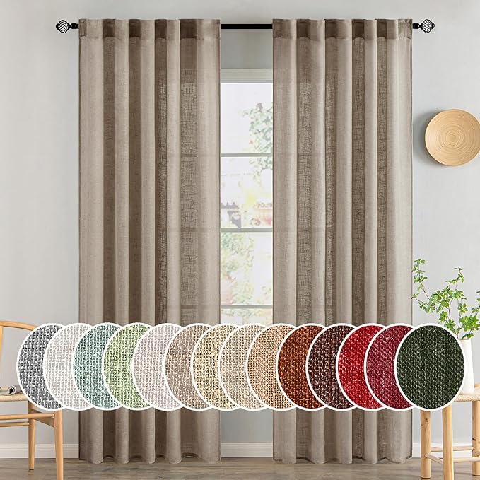 MIULEE Taupe Grey Linen Curtains 84 Inch Length 2 Panels for Bedroom Living Room, Soft Linen Textured Window Drapes Semi Sheer Light Filtering Back Tab Rod Pocket Farmhouse Modern Burlap Look Decor