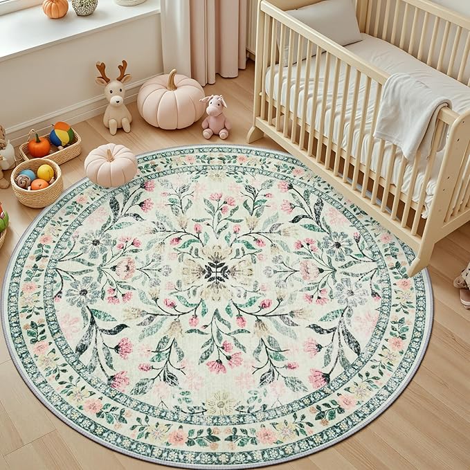 Round Area Rug for Living Room: 4 ft Floral Washable Circle Rug Soft Non-Slip Carpet Indoor Stain Resistant Low Pile Small Circular Rug for Bedroom Entryway Kitchen Nursery Home Office Green Beige