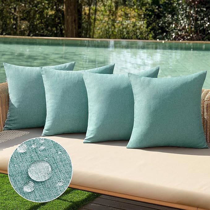 MIULEE Pack of 4 Decorative Outdoor Throw Pillow Covers Linen Waterproof Pillow Covers Spring Farmhouse Cushion Cases for Patio Garden Tent Balcony Couch Sofa 16x16 inch Teal