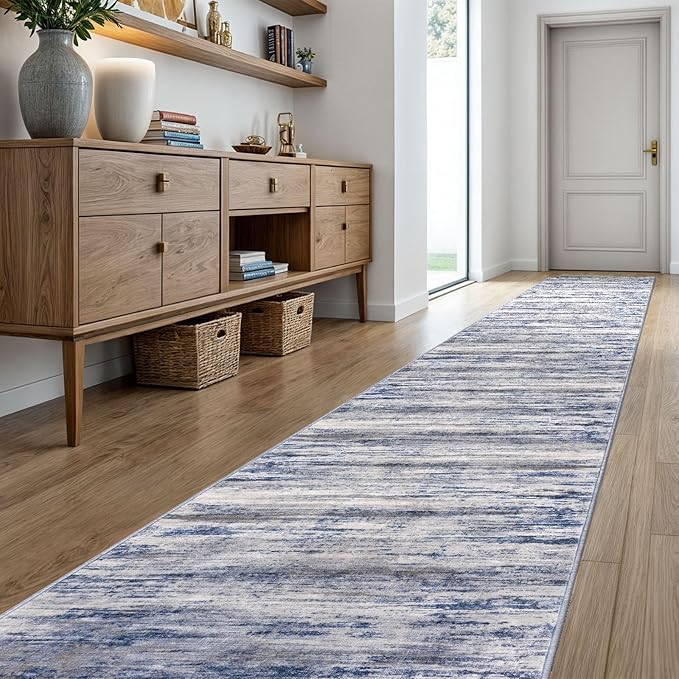 KOZYFLY Modern Abstract Washable Long Rug Runner 2.6x20 Hallway Rug Runner Non-Slip Soft Stair Runners, Grey-Blue Striped 20 feet Runner Rug for Kitchen Entryway Bathroom Laundry Room Foyer