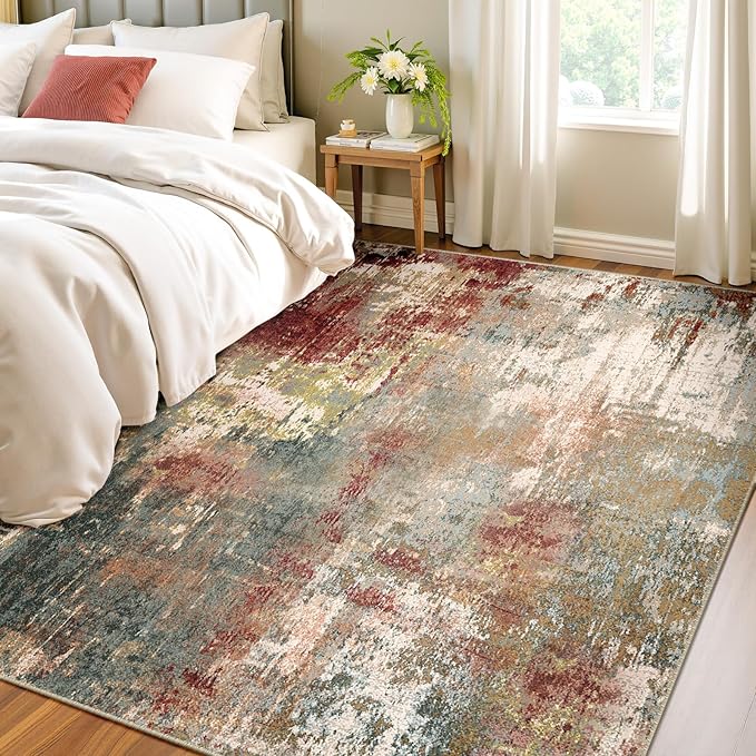 Washable Area Rugs 4'x5' Non-Slip Modern Abstract Soft for Living Room Entryway Bedroom Nursery, Print Pattern, Brown Rust Red Green Blue Multi