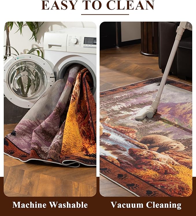 YIHOUSE Rustic Cabin Area Rug for Bedroom 6x9,Machine Washable Woodland Bear Rug,Non-Slip Low Pile Print Pattern Wildlife Rug for Living Room
