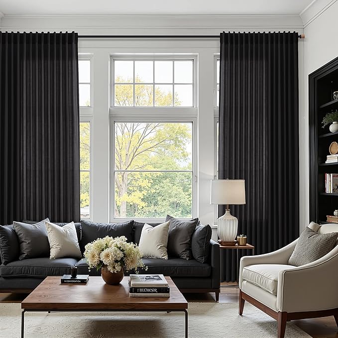 Vintage Black Linen Curtains 102 Inches Long for Living Room Light Filtering Semi Sheer Curtain Back Tab Floor to Ceiling High Window Gothic Vintage Decor Drapes for Bedroom Office 52x102,2 Panels