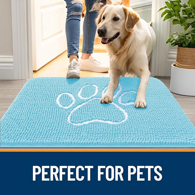 OLANLY Dog Door Mat for Muddy Paws 48x30, Paw Print Design, Absorbs Moisture and Dirt, Absorbent Non-Slip Washable Doormat, Quick Dry Chenille Mud Mat for Dogs, Entry Indoor Entryway Carpet, Blue