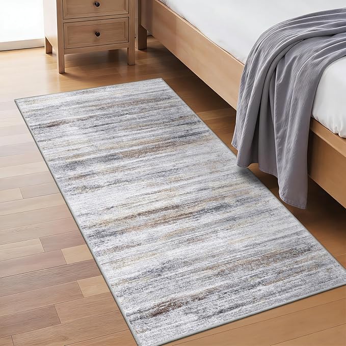 2x4 Washable Entryway Runner Rugs: Easy-to-Clean Runners for Hallway Bedroom - Stain and Water Resistant Rug with Non-Slip Backing - Soft Low-Pile Door Mat Kitchen Carpet Beige Grey