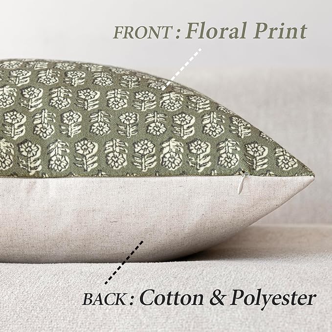 Foindtower Set of 2 Decorative Vintage Floral Print Throw Pillow Covers Neutral Modern Farmhouse Cushion Covers Boho Home Decor for Sofa Couch Chair Bedroom Living Room,22×22 Inch,Sage Green