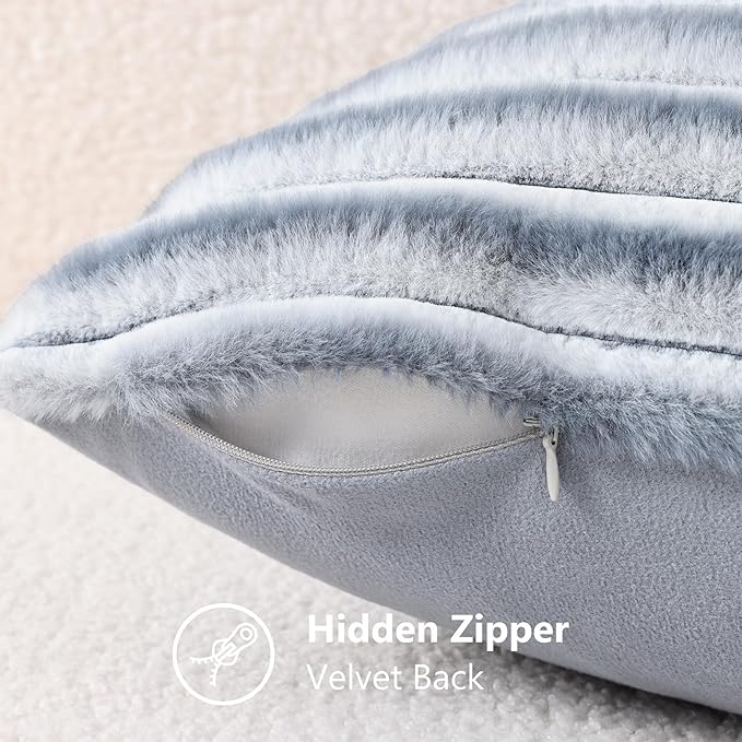 decorUhome Cozy Faux Fur Throw Pillow Covers 12x20 Set of 2 Decorative Soft Plush Striped Lumbar Modern Farmhouse Boho Couch Pillow Cases with Velvet Back for Sofa Bed Living Room, Grey White
