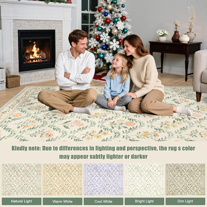 Round Area Rug for Living Room: 4 ft Floral Washable Circle Rug Soft Non-Slip Carpet Indoor Stain Resistant Low Pile Small Circular Rug for Bedroom Entryway Kitchen Nursery Home Office Beige/Multi