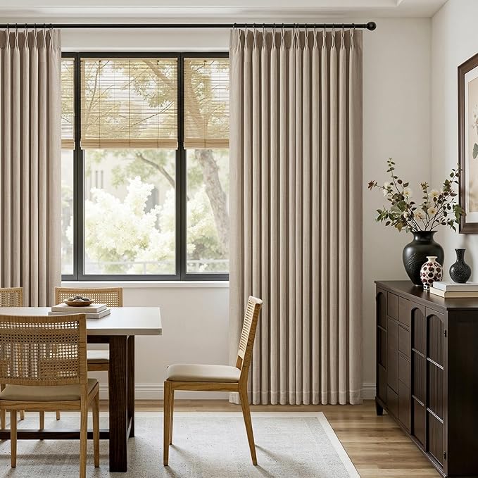 MIULEE Pinch Pleated Thick Linen Curtains 108 Inches Length 2 Panels for Living Room Bedroom, Extra Long Pinch Pleat Drapes Back Tab Light Filtering Grey Beige Foor to Ceiling Curtains with Hooks