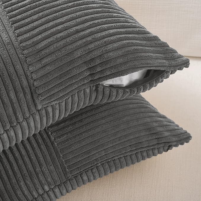 Fancy Homi 2 Packs Dark Gray Lumbar Decorative Throw Pillow Covers 14x22 Inch for Living Room Couch Bed Sofa, Farmhouse Home Decor, Soft Striped Corduroy Rectangle Accent Cushion Case 35x55 cm