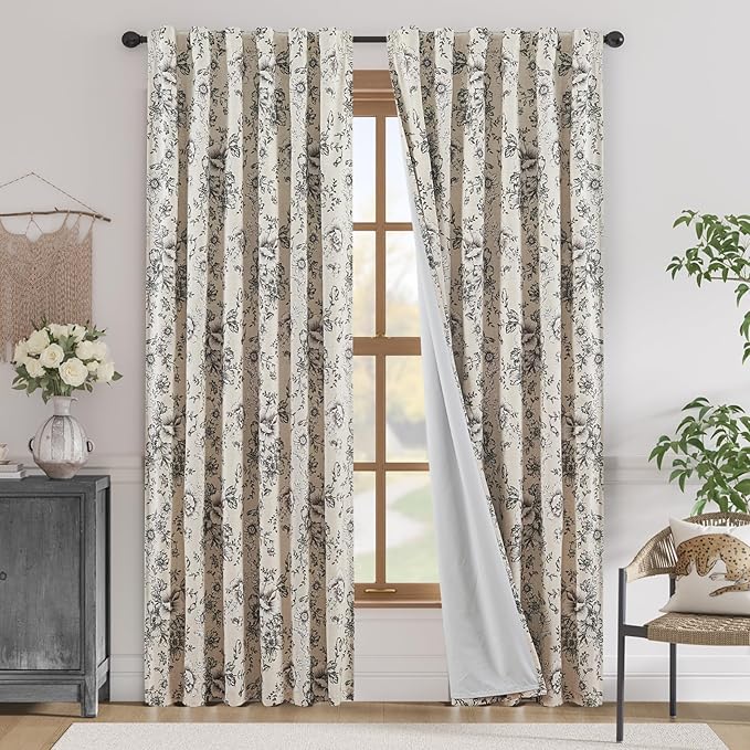 jinchan Blackout Floral Curtains for Living Room Bedroom Linen Blend Curtain Farmhouse Black Printed with Lined Back Tab Rod Pocket Drapes Window Treatments 2 Panels 90 Inch