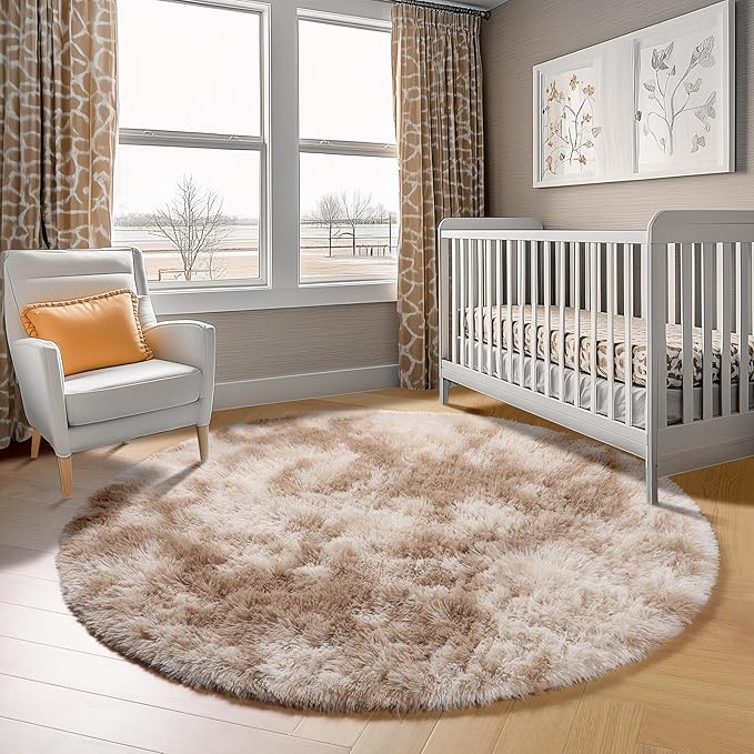 ONASAR Tie-Dye Beige Round Area Rug 4ft, Soft Bedroom Circle Rugs Floor Mats for Kids Girls Teen Room, Kawaii Fluffy Plush Shaggy Carpet for Baby Nursery Living Room Playroom Home Decor