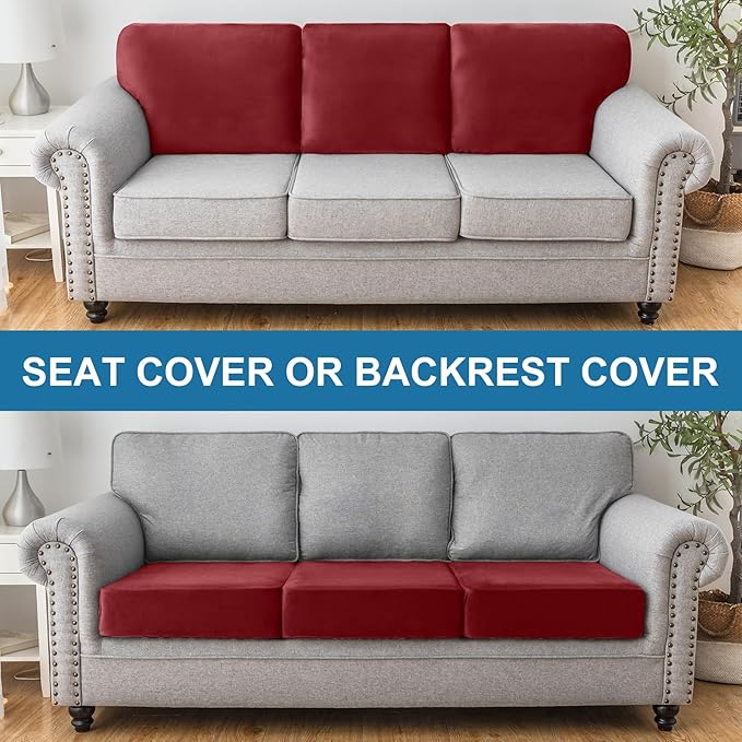 Couch Cover Stretch Velvet Sofa Cushion Cover 3-Piece - Elastic Washable Slipcover for Seat or Backrest, Couch Seat Covers for Sofas (Christmas Red)