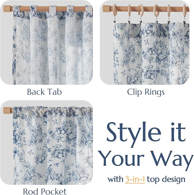 jinchan Linen Floral Curtains for Living Room 96 Inch Length Blue Printed Flower French Country Curtain Farmhouse Cottage Core Toile Curtains Back Tab Light Filtering Window Drapes Set 2 Panels