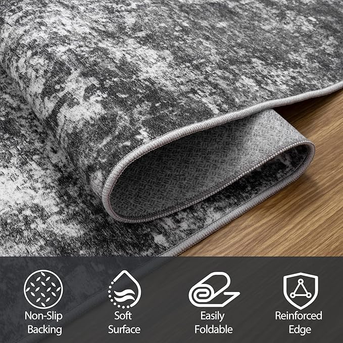 8x10 Area Rugs for Living Room Rug Washable: Abstract Large Rug for Dining Room Bedroom Carpet Non Slip 8 by 10 Indoor Modern Nursery Home Office Black Grey