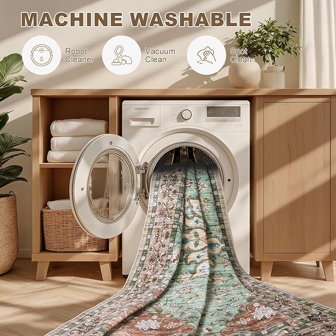 Area Rugs 10x12 Living Room Rug: Washable Rug Soft Vintage Distressed Floral Carpet Indoor Non-Slip Stain Resistant Large Carpets for Bedroom Dining Room Farmhouse Nursery Home Office Brown Green