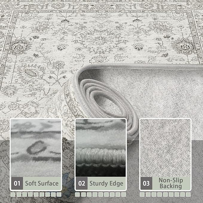 Grey White Area Rugs 10x14 Living Room, Non Slip Machine Washable Floral Rugs, Low Pile Lightweight Large Rug for Bedroom, Dining Room, Home Office(10 x 14, Grey White)