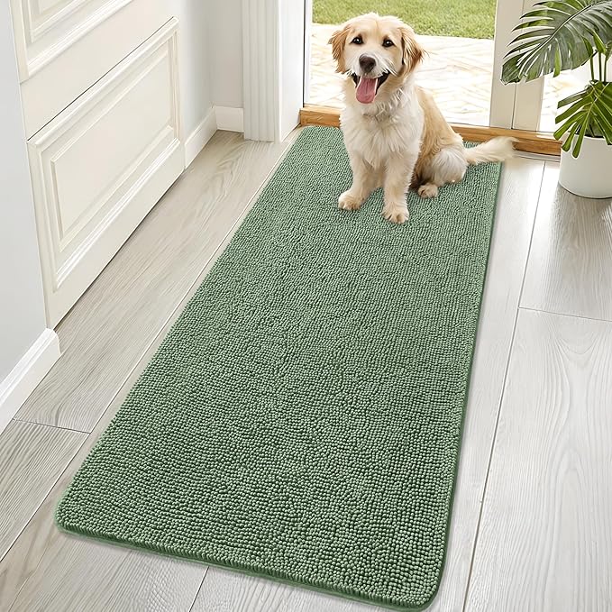 OLANLY Dog Door Mat for Muddy Paws 70x32, Absorbs Moisture and Dirt, Absorbent Non-Slip Washable Doormat, Quick Dry Chenille Mud Mat, Entry Indoor Entryway Carpet for Inside Floor, Olive Green