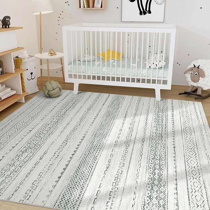 Nakagishi Green Rug Living Room Rugs: 9x12 Washable Boho Large Neutral Soft Farmhouse Stain Resistant Modern Non Slip Indoor Floor Carpet for Bedroom Nursery Kids Playroom Office Dining Room Home