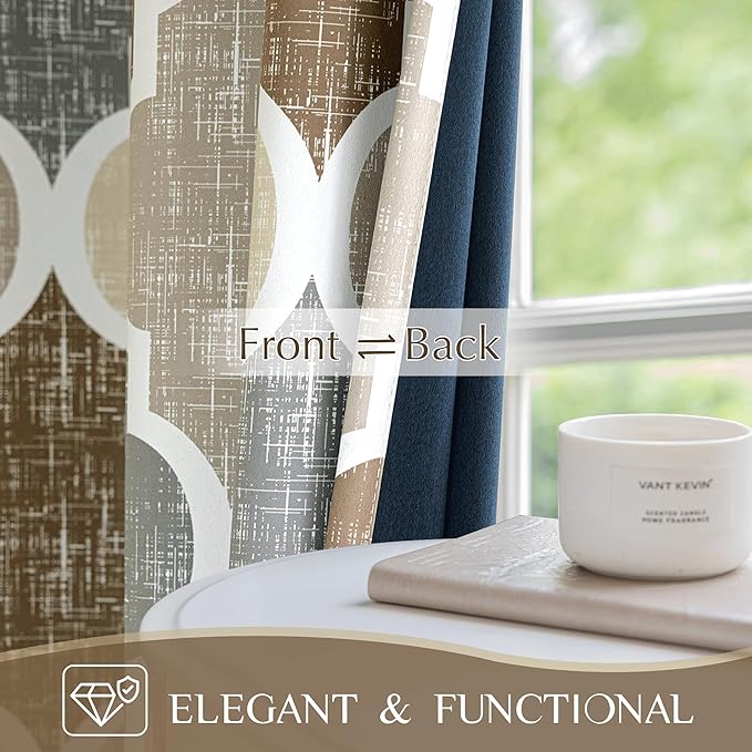 Beauoop 100% Blackout Curtains 96 Inches Long 2 Panels for Bedroom Living Room Brown Grey Moroccan Geo Room Darkening Thermal Insulated Soundproof Grommet Top Window Treatments Drapes, 50x96 Set of 2