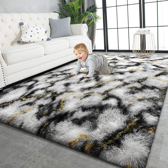 TWINNIS Super Soft Shaggy Rugs Fluffy Carpets, 4x5.9 Feet, Indoor Modern Plush Area Rugs for Living Room Bedroom Kids Room Nursery Home Decor, Upgrade Anti-Skid Rectangular Fuzzy Rug, Grey Gold