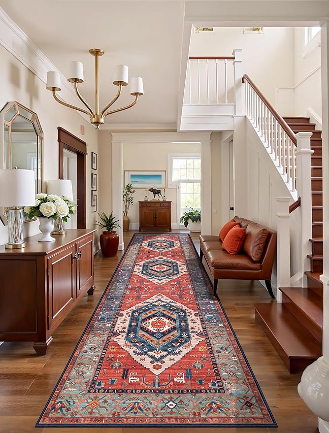 SERISSA Runner Rug for Hallways, 3x10 Washable Non Slip Kitchen Runner Rug, Long Boho Rug Vintage Rust Hallway Stair Ultra Soft Print Floor Carpet for Bedroom Bathroom Laundry Room