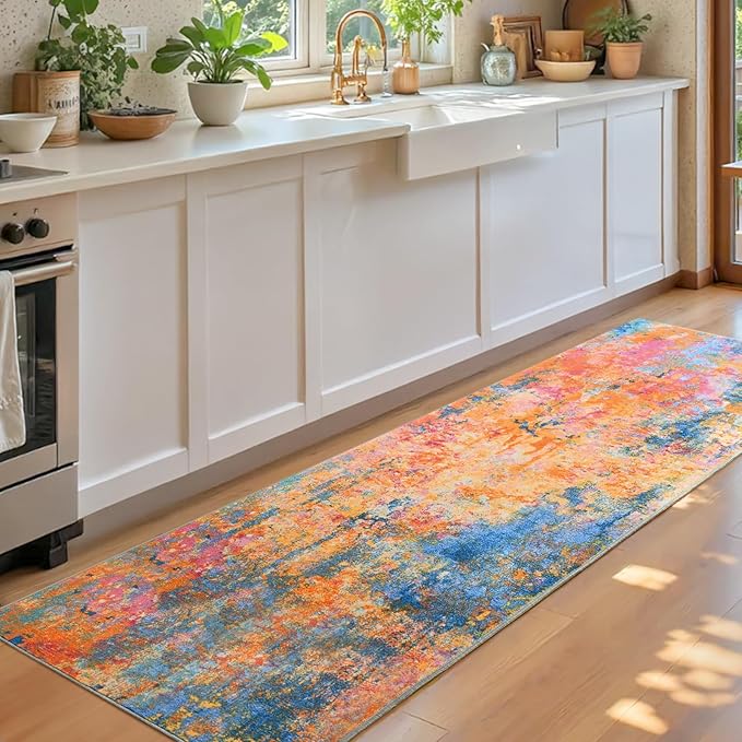2x6 Rainbow Rug Runners for Hallways Kitchen Runner Rug Non Slip Washable Colorful Long Runner Rugs with Rubber Backing Soft Abstract Carpet Runner for Bedroom, Kitchen, Bathroom, Entryway