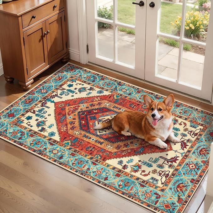 SERISSA 2x4 Boho Rugs for Entryway, Washable Non-Slip Kitchen Runner Rug, Ultra Soft Small Area Rug Vintage Orange Low-Pile Door Mat Indoor Entrance Carpet for Bedroom Hallway Laundry Room Bathroom