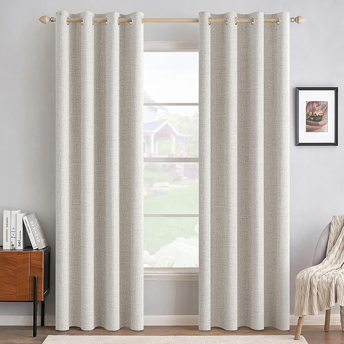 MIULEE 100% Blackout Linen Textured Curtains for Bedroom Solid Thermal Insulated Cream White Grommet Room Darkening Curtains & Drapes Luxury Decor for Living Room Nursery 52 x 108 Inch (2 Panels)