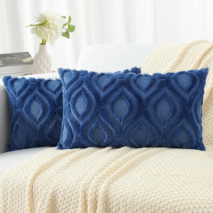 decorUhome Throw Pillow Covers 12x20 Inch Set of 2, Soft Plush Faux Wool Dark Blue Solid Couch Pillow Covers, Accent Farmhouse Neutral Rectangle Pillow Cases for Sofa Bed Living Room