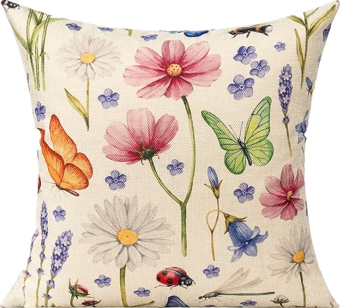 All Smiles 16 x 16 Throw Pillow Covers Outdoor Spring Summer Garden Flowers Farmhouse Outside Furniture Bench Decorative Swing Cushion Set of 4 for Patio Sofa Couch Chair
