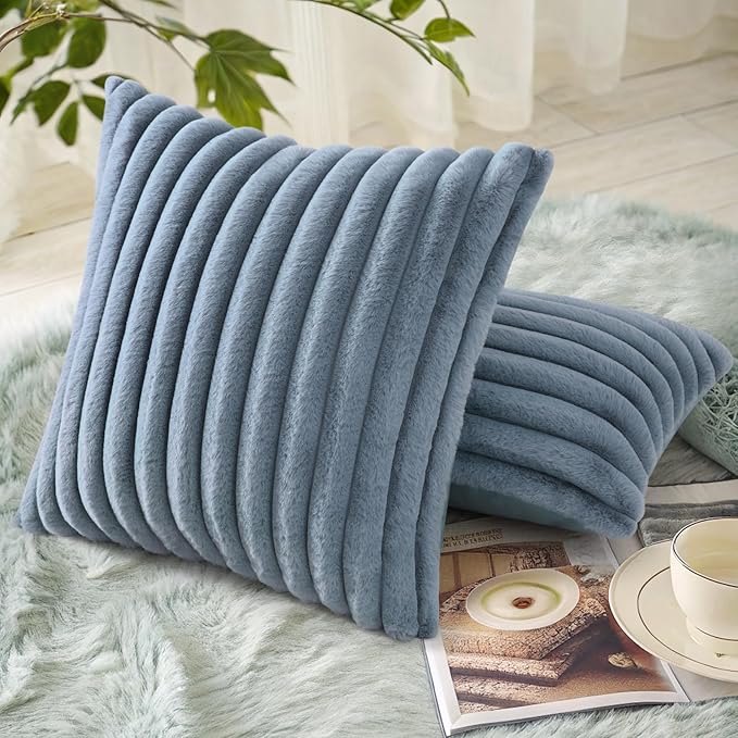 decorUhome Cozy Faux Fur Throw Pillow Covers 22x22 Set of 2 Decorative Soft Plush Striped Modern Farmhouse Boho Couch Euro Sham Pillow Cases with Velvet Back for Sofa Bed Living Room, Grey Blue