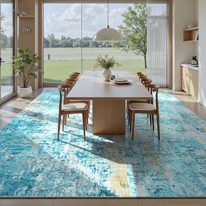 Ompaa Living Room Rug 6x9 Teal Blue Area Rug Machine Washable Boho Rug Non Slip Abstract Vintage Indoor Large Rugs for Bedroom, Classroom, College Dorm, Farmhouse, Dining Room, Kids Playroom