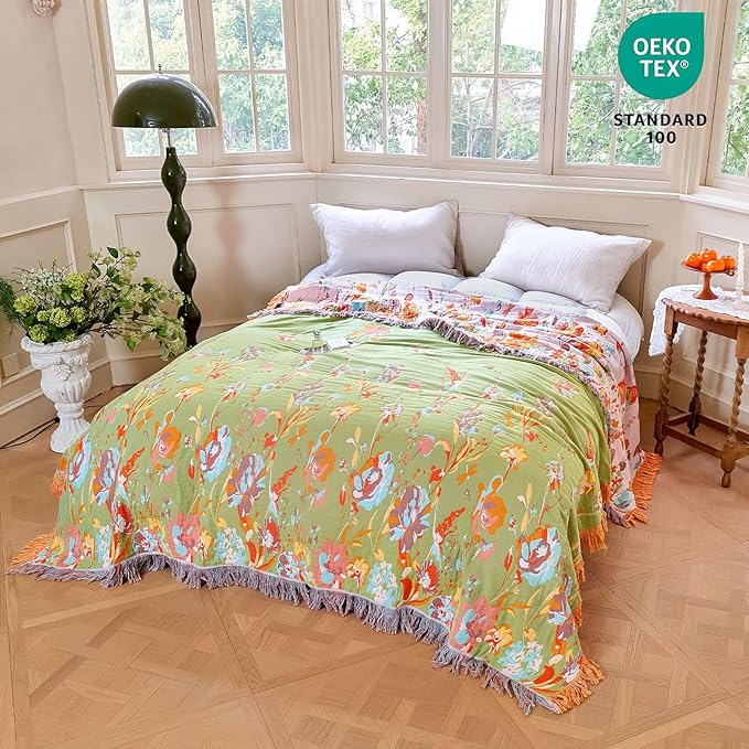 MSGKV Boho Throw Blanket 60"x80" Floral 100% Cotton Blanket with Flower and Butterfly for Bed Couch Spring Breathable Lightweight Farmhouse Twin Blankets Home Decor Muslin