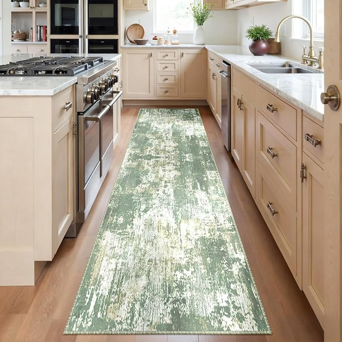 Washable Area Rugs 2'x6' Non-Slip Modern Abstract Soft for Living Room Entryway Bedroom Nursery, Print Pattern, Light Green/Yellow
