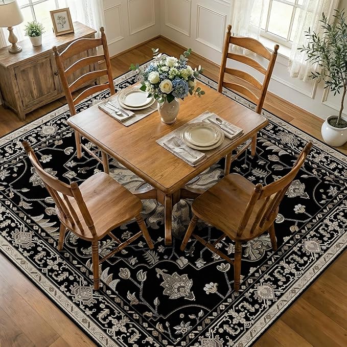 Area Rugs Square 8ft Washable Non-Slip, Floral Vintage Distress Print Pattern Medallion Carpet for Living Room Bedroom Dining Room, Black Brown Neutral Dark Tan