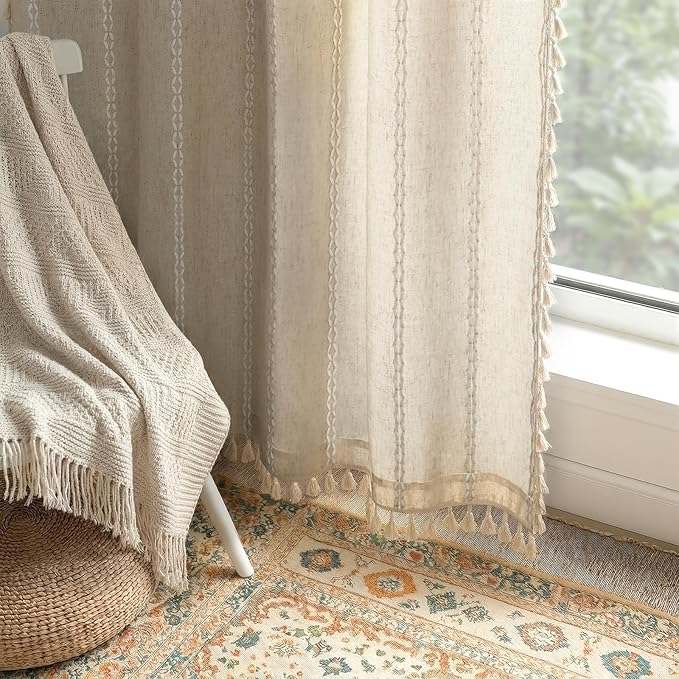 Boho Light Filtering Curtains 2 Panels 84 Inch for Living Room Bedroom, Beige Linen Texture Farmhouse Curtains with Tassels and Cotton Embroidery Vintage Rustic Western Rod Pocket