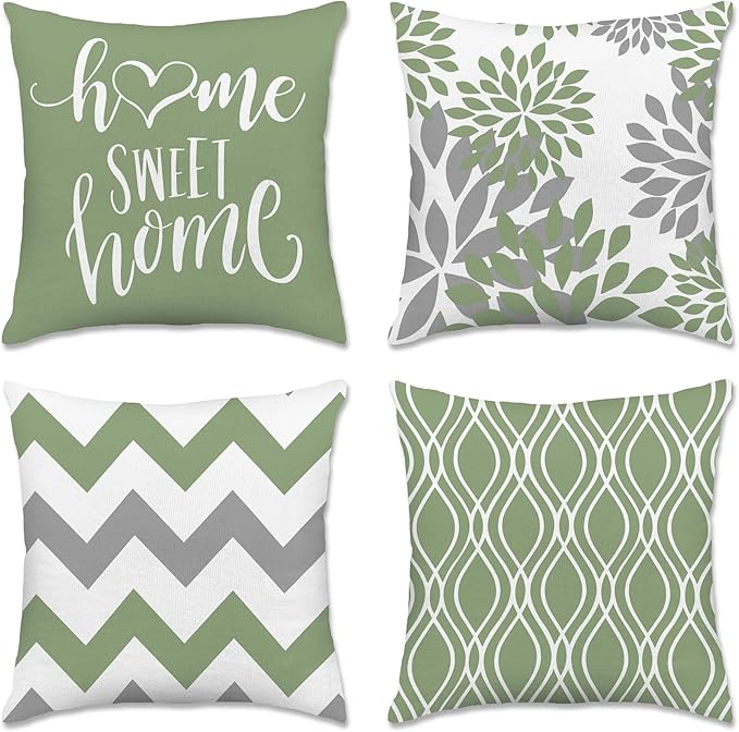 Hexagram Geometric Sage Green Pillow Covers 18x18 Set of 4, Decorative Outdoor Boho Modern Throw Pillow Covers, Home Sweet Home Farmhouse Cushion Case for Couch Sofa Bedroom Indoor Decor(No Insert)