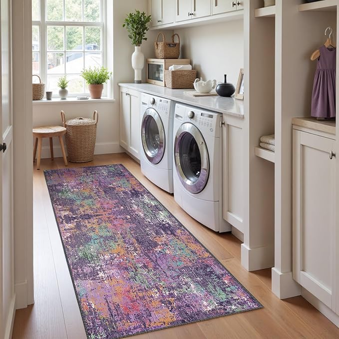 Washable Area Rugs 2'x6' Non-Slip Modern Abstract Soft for Living Room Entryway Bedroom Nursery, Print Pattern, Purple Orange Blue Green Rust Red Colorful