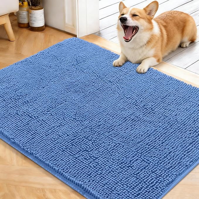 OLANLY Dog Door Mat for Muddy Paws 40x32, Absorbs Moisture and Dirt, Absorbent Non-Slip Washable Doormat, Quick Dry Chenille Mud Mat, Entry Indoor Entryway Carpet for Inside Floor, Cornflower Blue